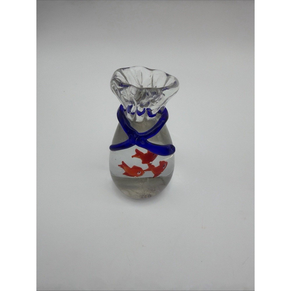 3 Goldfish in a Blue Bow Tied Around Fish Bowl Round Glass Paperweight